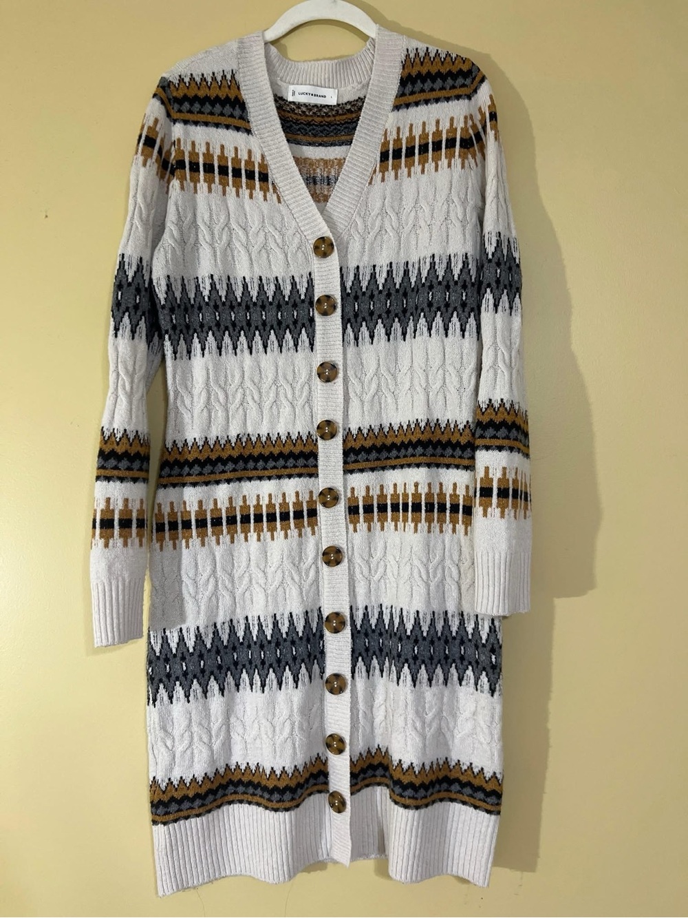 Lucky Brand White V-Neck Cable Cardigan with Gray & Mustard Stripes